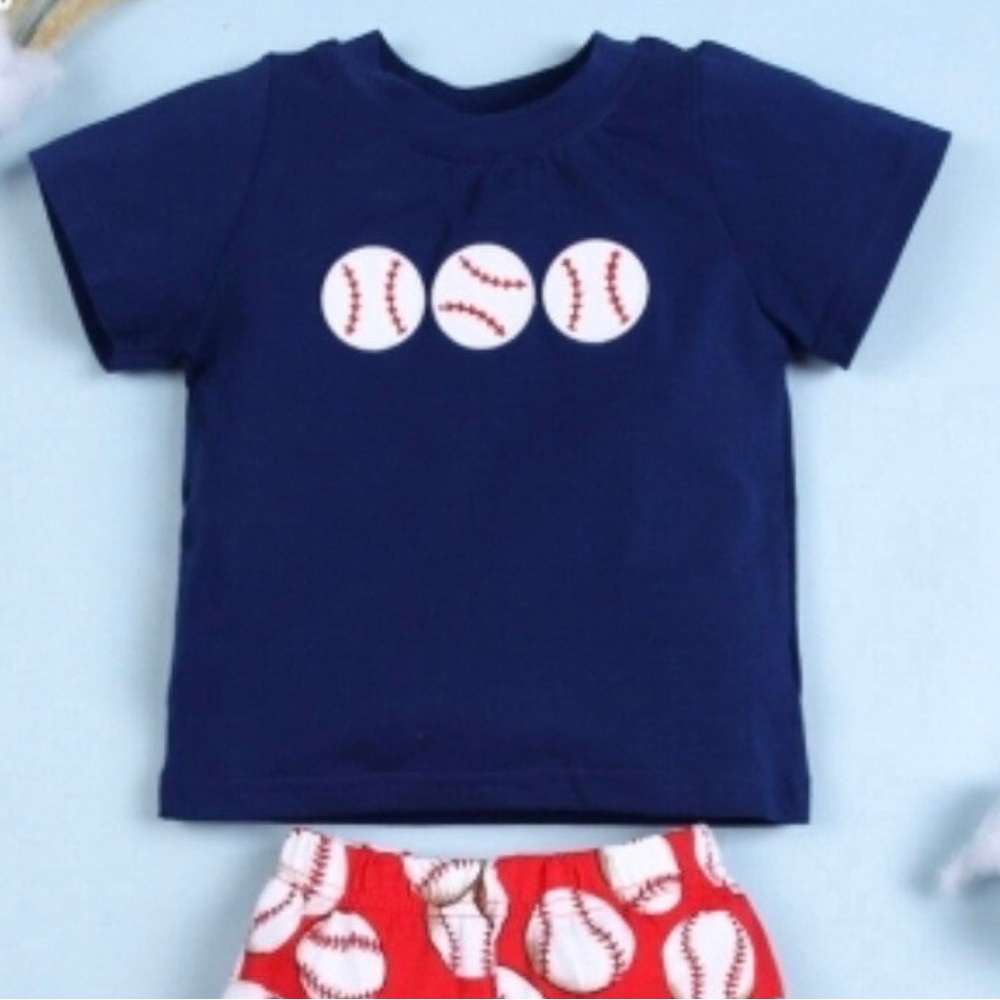 Appliqued Baseball Boy Short Set Navy and Printed